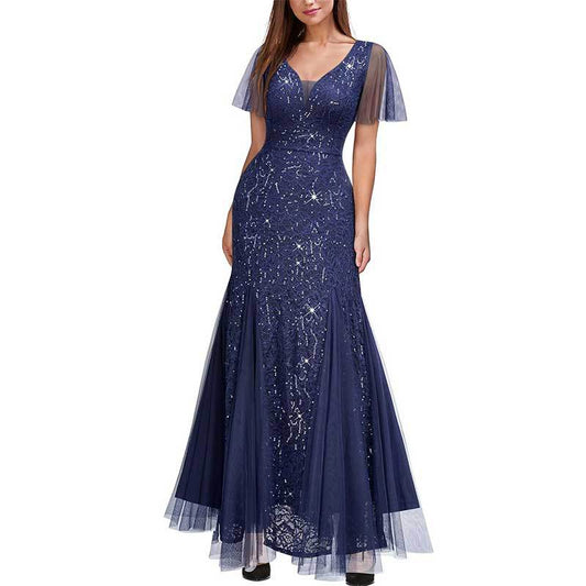 Cross-Border EBay Amazon European and American New Women's V-neck Dress Lace Chiffon Double-Layer Dress Sequined Evening Dress