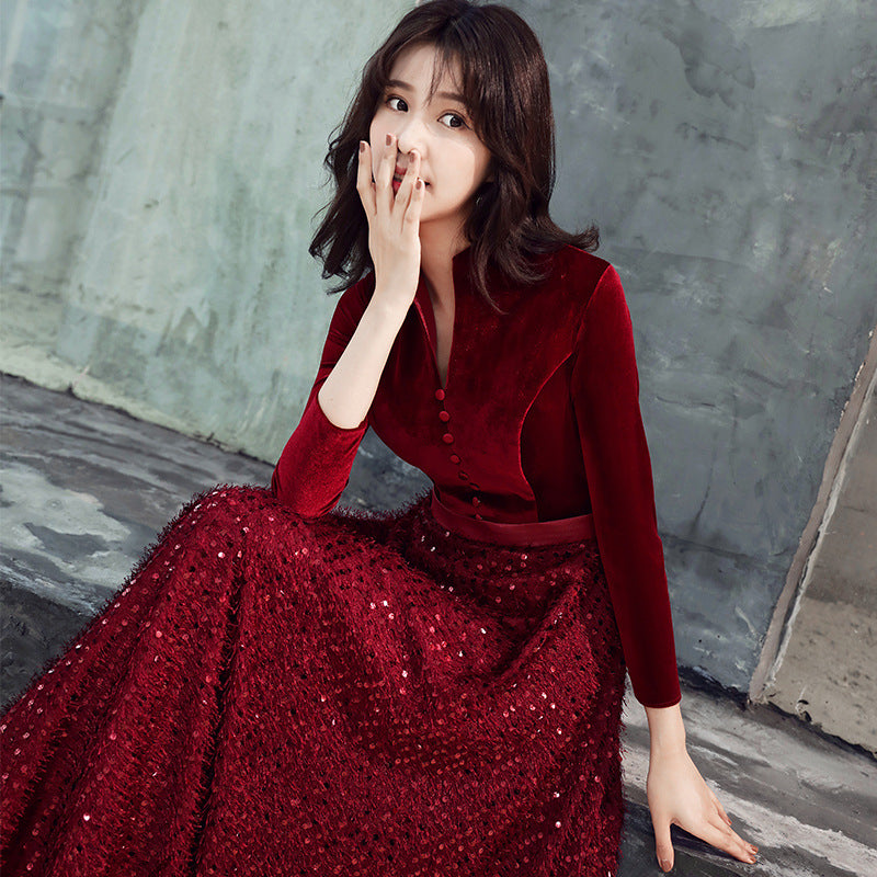 Evening Dress for Women 2024 New Elegant Toast Dress Wine Red Bride Elegant Long Sleeve Wedding Clothes Autumn