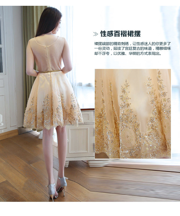 Bridesmaid Dress Short New Fashion Host Gold Evening Dress Slimming Dress for Women