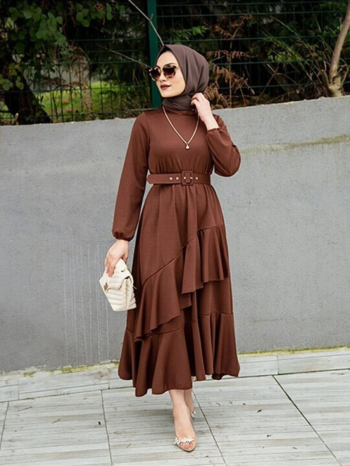 2207# Middle East Women's Clothing Turkey Explosion Long Dress Muslim Dress Double Layer Ruffled Waist Dress