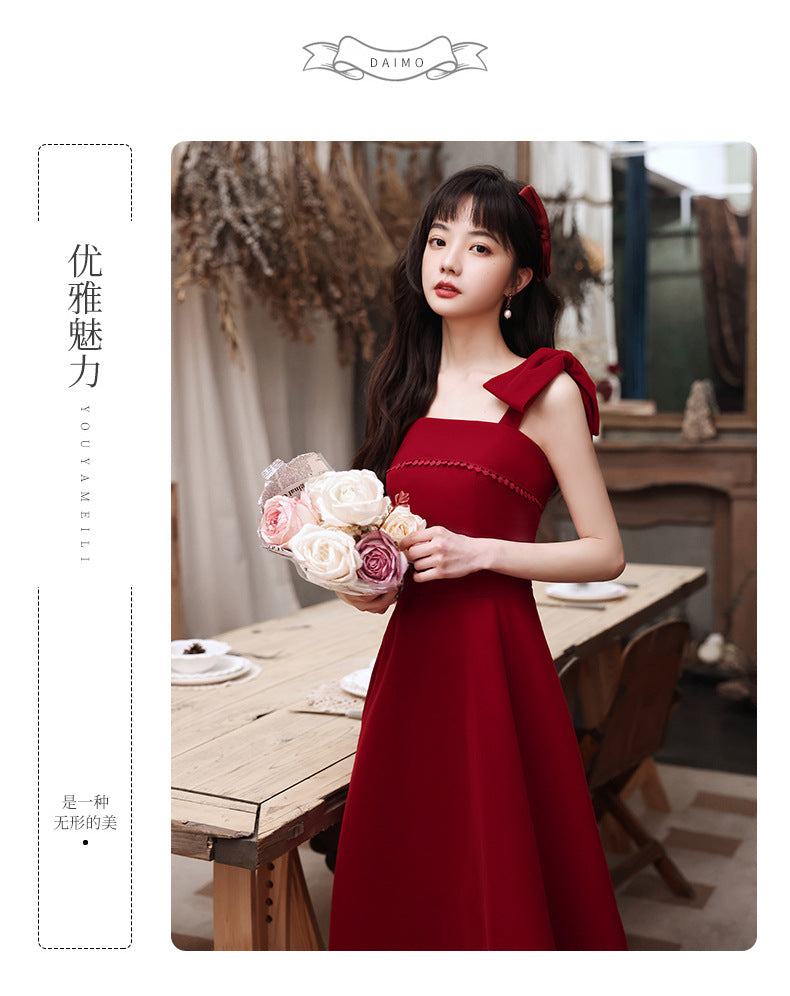 Toast Dress Bride Spring Short Small Wine Red Daily Style Back-to-Door Casual Wear Sling Female Engagement Dress