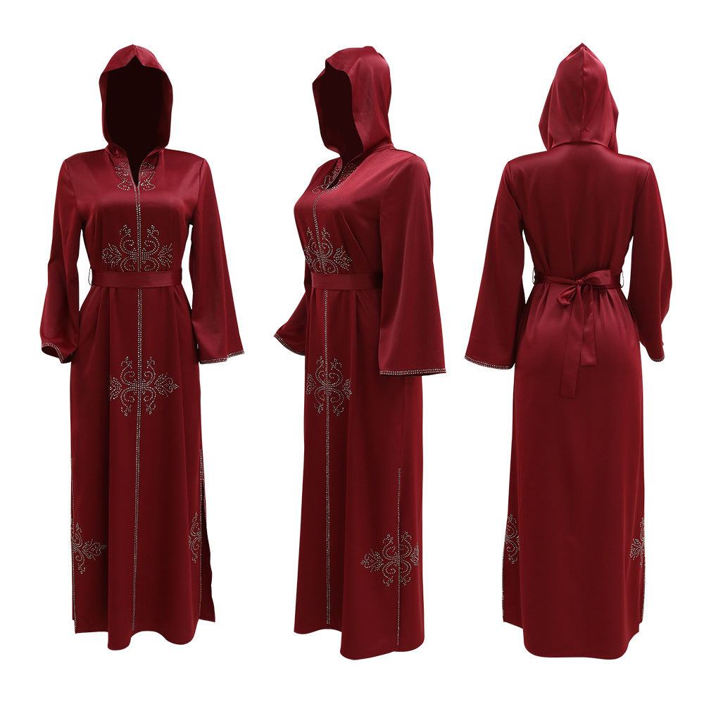 Xqy500157 Middle East Abaya Ethnic Style Dress Hooded Robe Fashion Diamond-Embedded Slits Lower Hem Dress