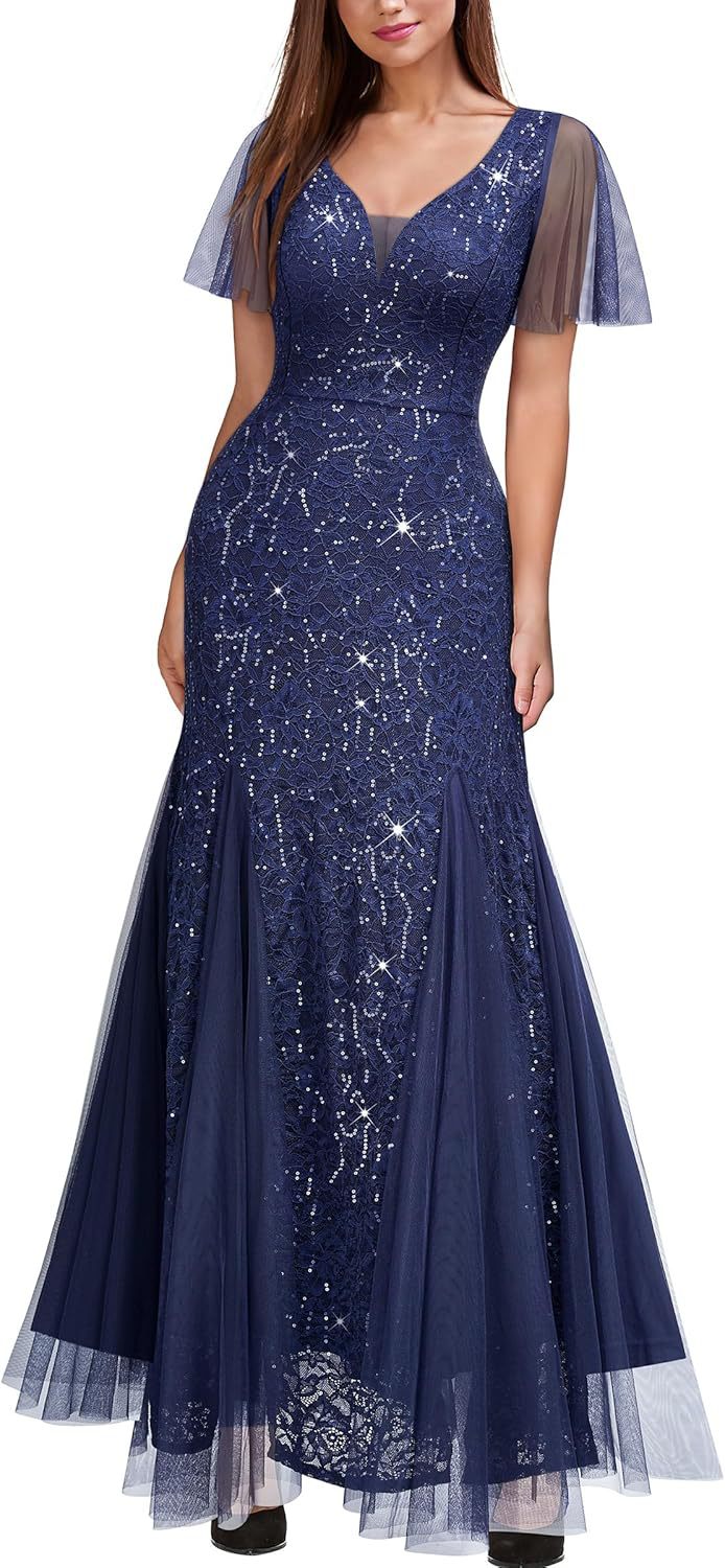 Cross-Border EBay Amazon European and American New Women's V-neck Dress Lace Chiffon Double-Layer Dress Sequined Evening Dress