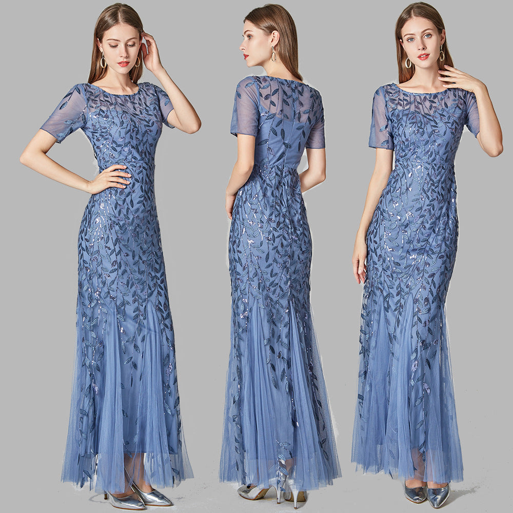 Spring and Summer Cross-Border 2024 Banquet Host European and American Slim Mesh Sequins Evening Dress Fishtail Dress Women