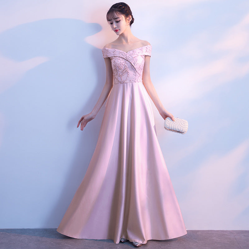 Banquet Evening Dress 2024 Autumn New Korean Style Elegant off-Shoulder Long Slimming Bridesmaid Dress for Women