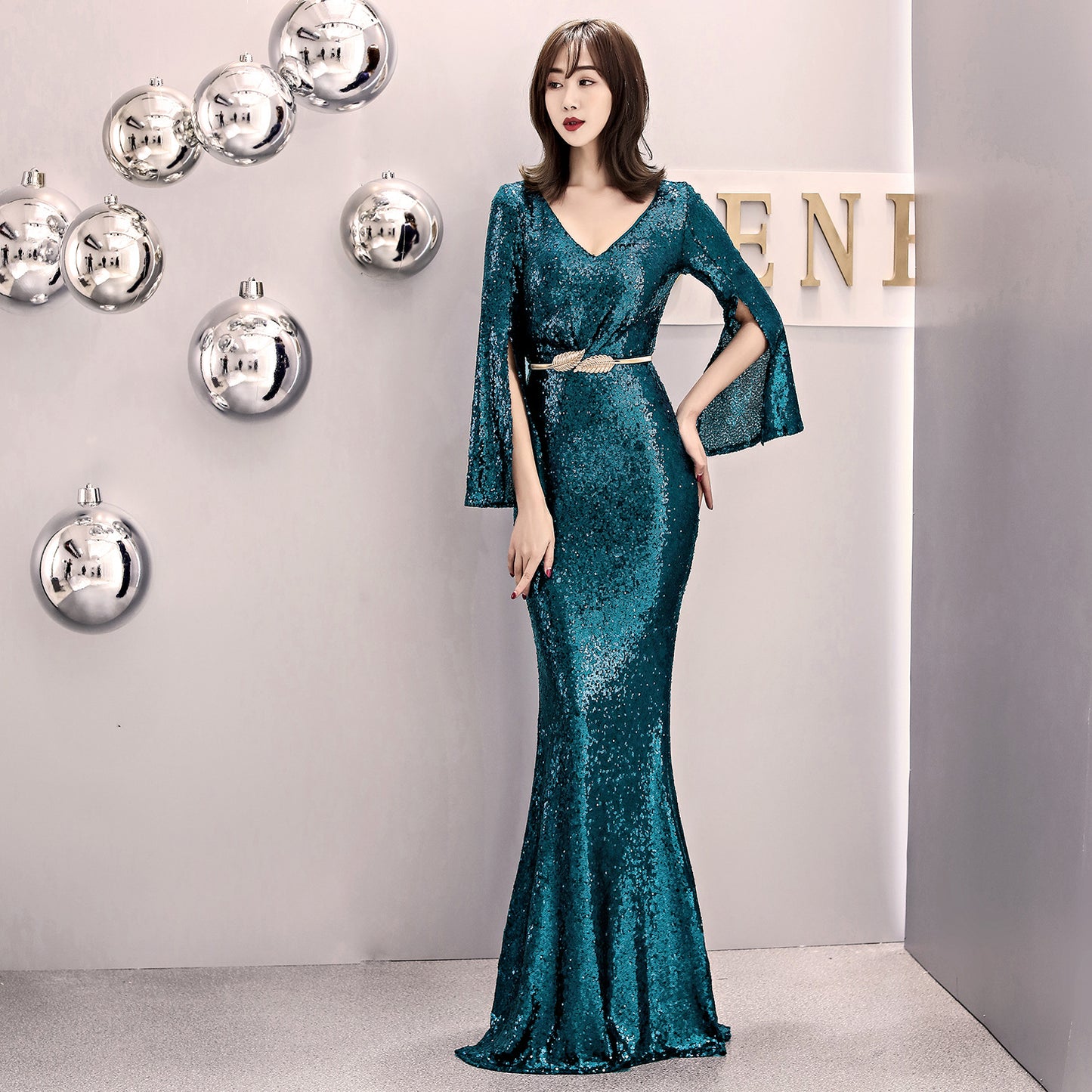 1572# Evening Gown Women's Banquet Elegant Host Sexy Slim-Fit Sequined Long Fish Tail Winter