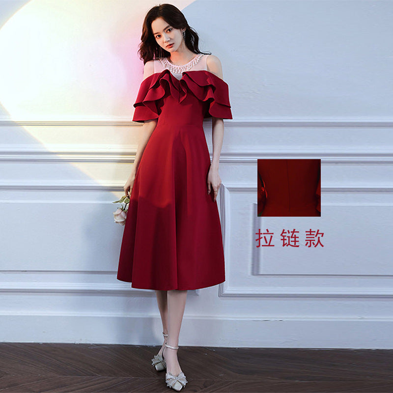 Dinner dress Ball gown red pearl Bride Wine Red Mid-Length Annual Meeting Performance Wedding Dress Adult Dress