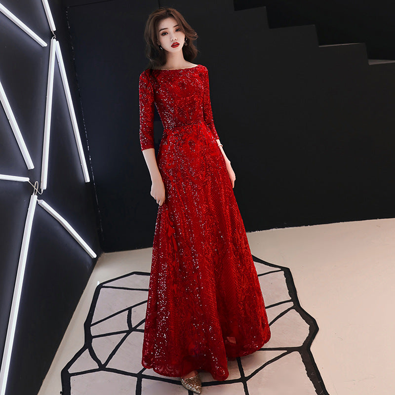 Bridal Toast Clothing 2024 Summer New Wine Red Marriage Engagement Back-to-Door Long Dinner Chinese Style Toast Dress