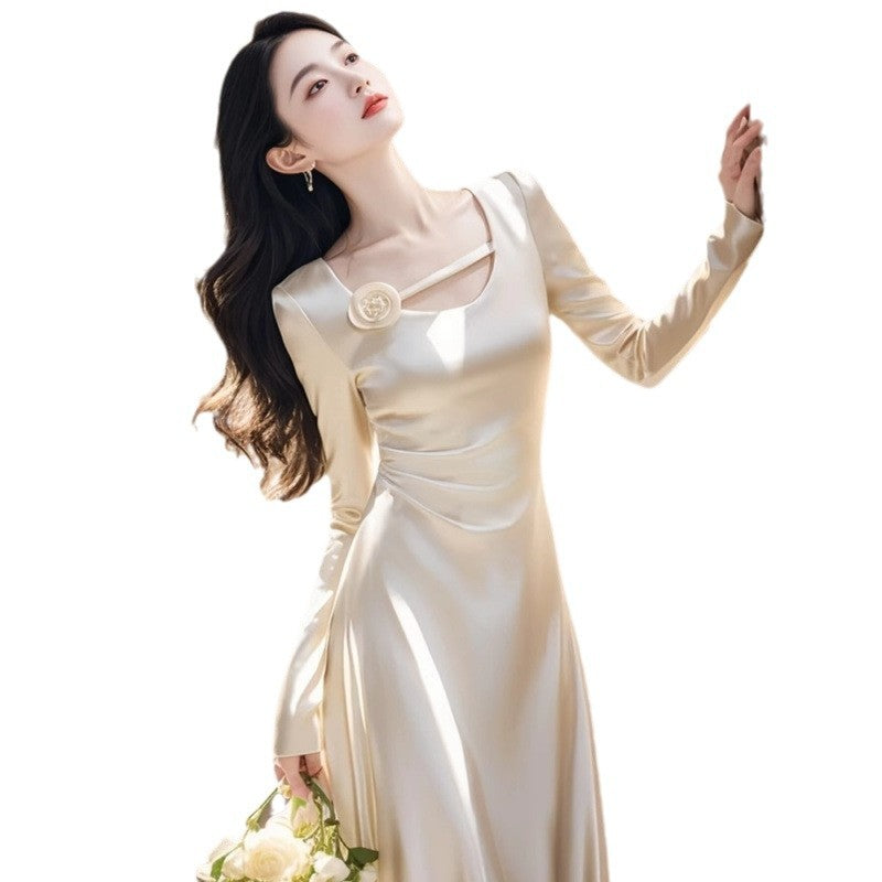 Formal Occasions Elegant White Satin Dress Autumn Wear French High-End Exquisite Classic Style Waist-Slimming Long Dress