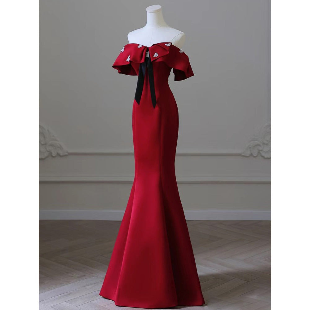 Dinner Dress Party Dresses Gala Ball Gown Bride Wine Red Fishtail Engagement Dress Wedding Evening Dress H9293