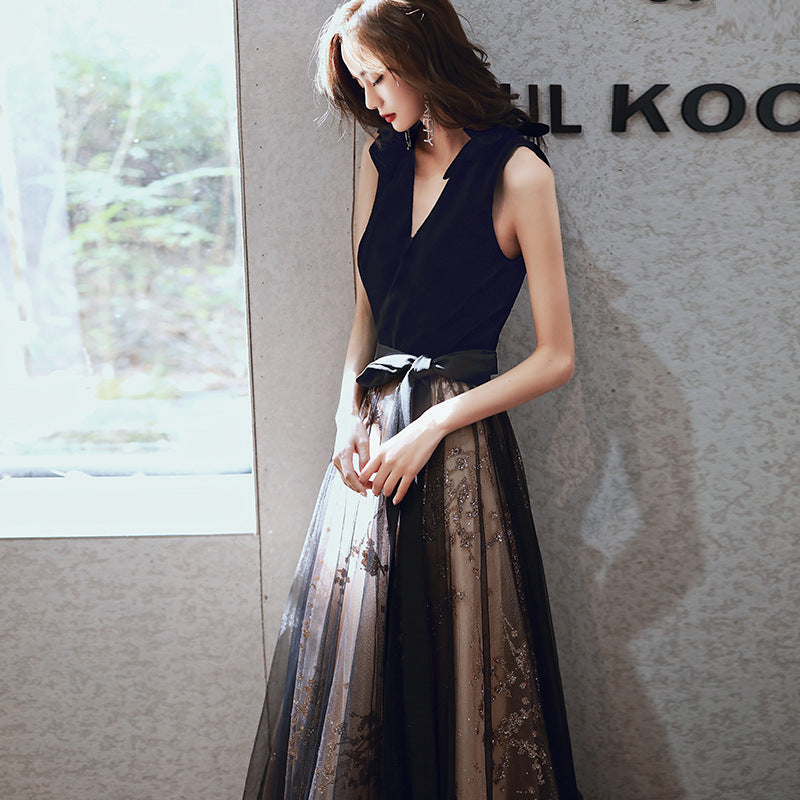 Annual Party Evening Dress Women's Banquet Temperament Dress Black Long Host Velvet V-neck Elegant Lace