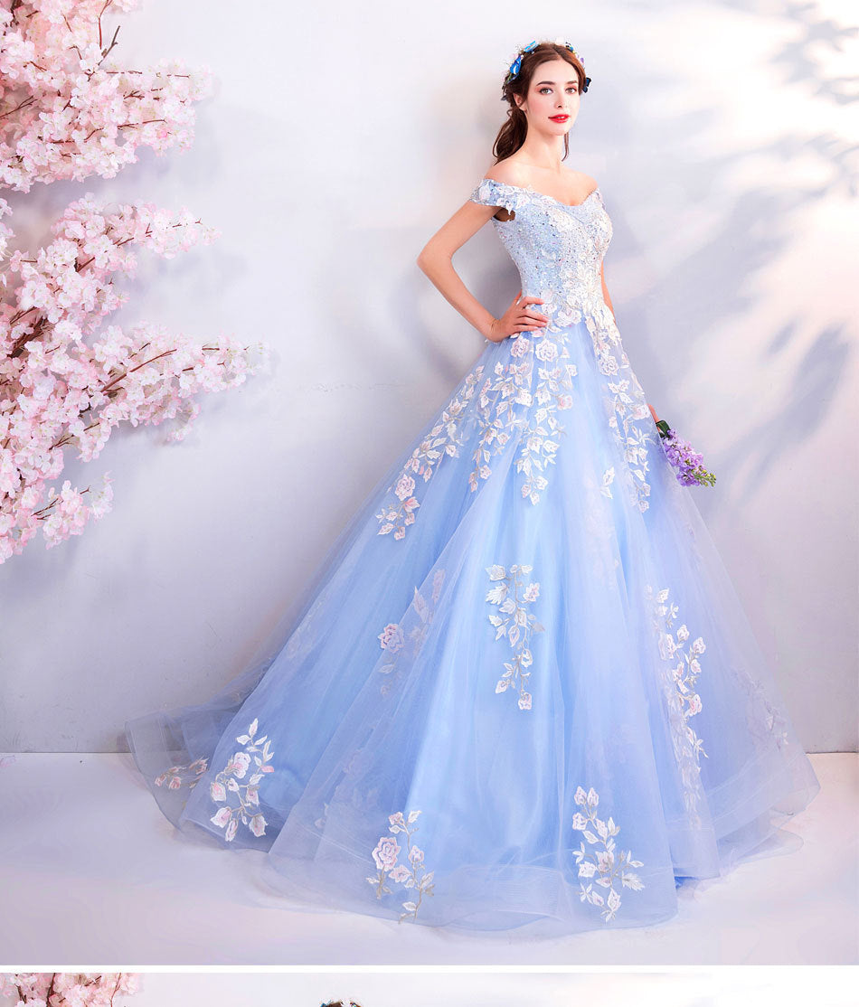 Super Fairy Wedding Dress 2024 Autumn Blue Flower Art Exam Catwalk Fashion Trend Foreign Trade Banquet Evening Dress for Women