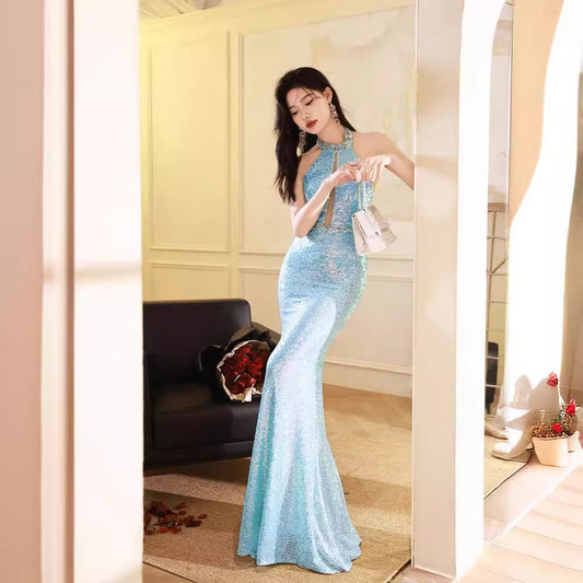 Super Fairy Mermaid Evening Dress Toast Dress Women's Performance Halter off-Shoulder Dress Host Dress Fashion Temperament