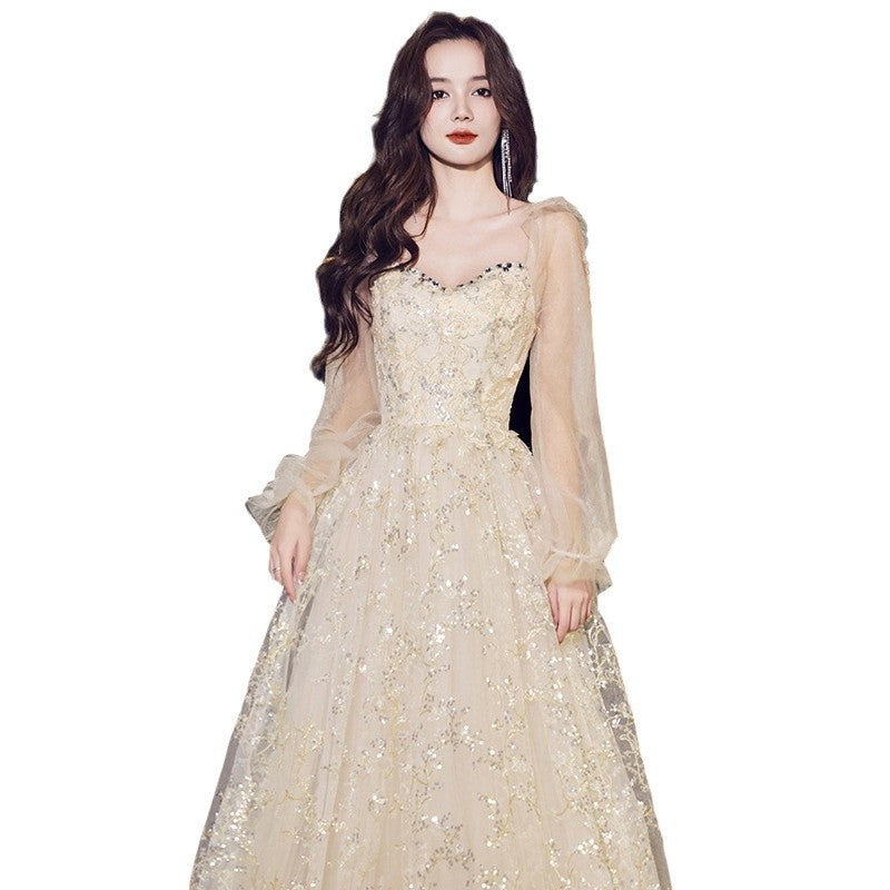 Banquet evening dress high-grade Champagne temperament host fairy dinner Annual Meeting dress long sleeve autumn women