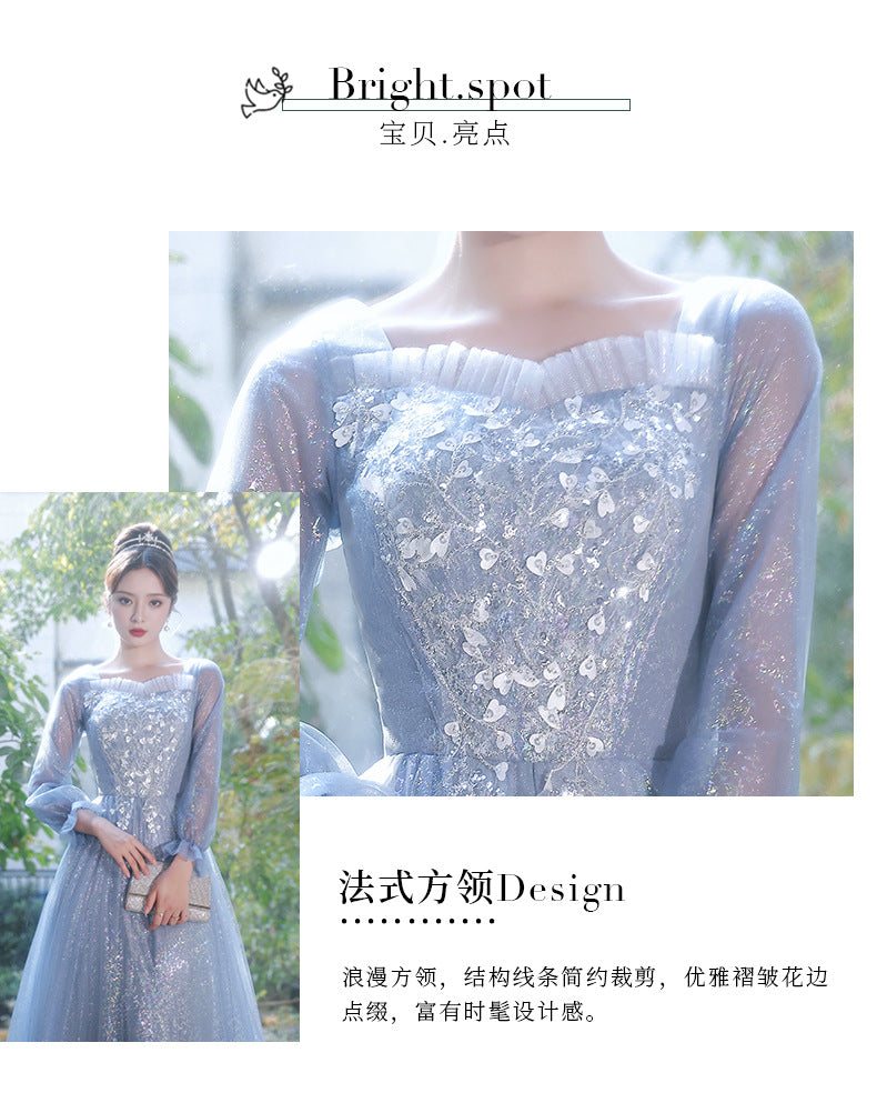 Blue Evening Dress for Women 2023 New High-Grade Banquet Temperament Long Sleeve Light Luxury Minority High-End Performance Art Exam Dress