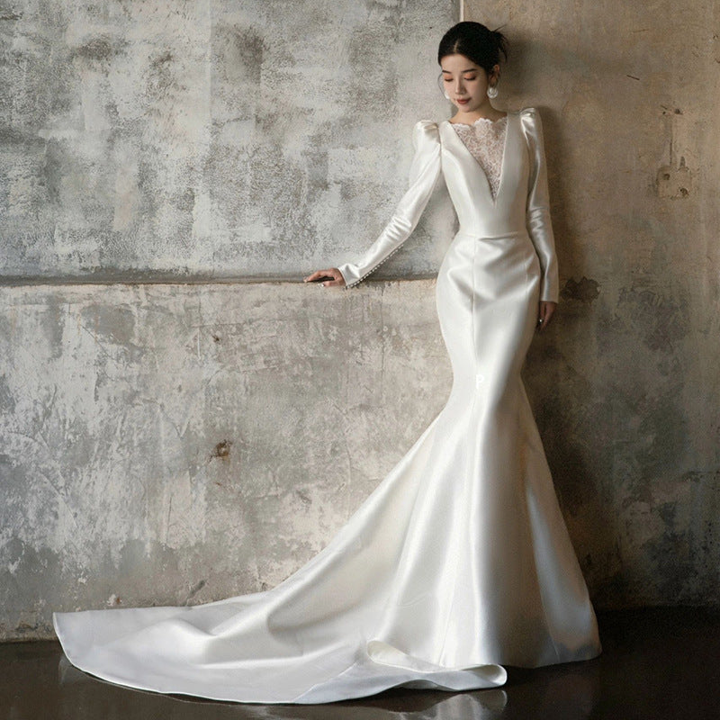 Wedding Dress Satin Long Sleeve Fishtail Outdoor Yarn Banquet Evening Gown H2911