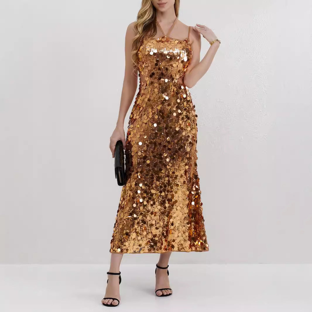 2023 Cross-Border Foreign Trade Spring/Summer New Fashion Sexy Internet Celebrity Gold Big Sequin Sequin Sling Dress Women