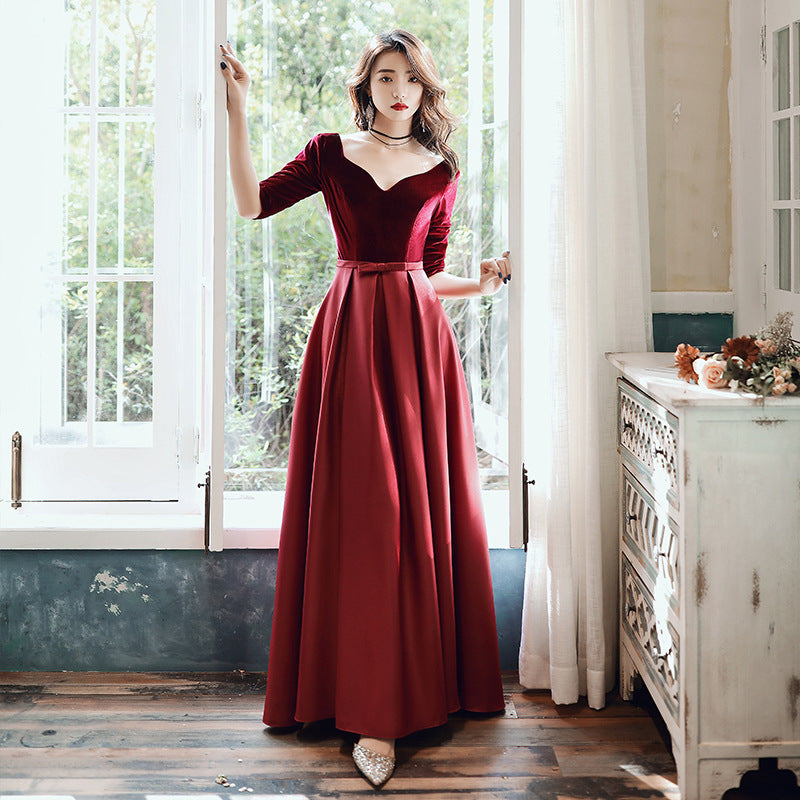 Evening Dress for Women 2024 New Elegant Toast Dress Wine Red Bride Elegant Long Sleeve Wedding Clothes Autumn