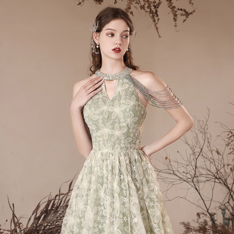 Halter Evening Dress 2024 New Printed Lace Toast Dress Bride Marriage Engagement Long Dress Elegant Slimming Green