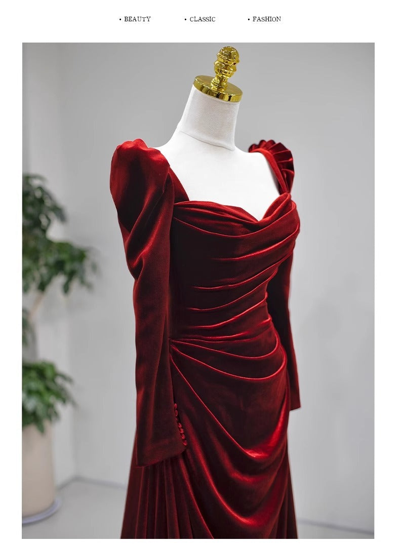 High-Grade Velvet Toast Dress Wine Red Long Sleeve Bride Engagement Dress Banquet Host Dress Annual Meeting Dress