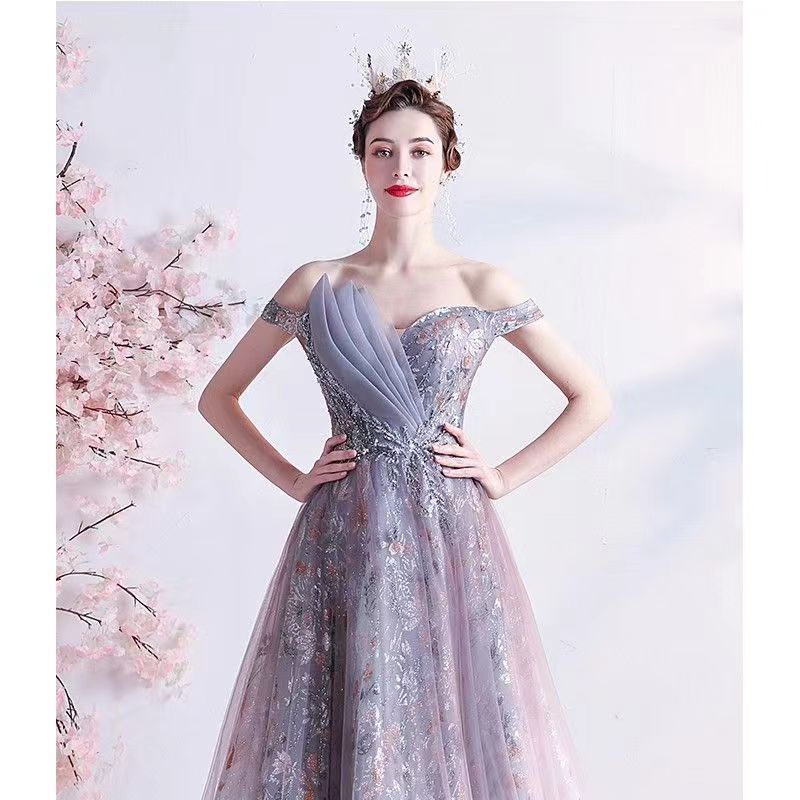 Wholesale Purple Evening Dress Bridal Wedding Toast Dress 2023 New Banquet Temperament Host Dress Autumn