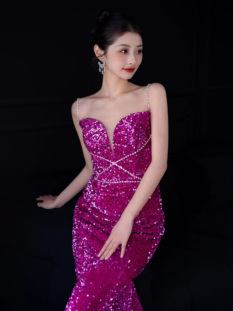 French Style Fishtail Toast Dress Bride High-Grade Sequined Evening Dress Morning Gowns Strap Engagement Dress Banquet Host Women