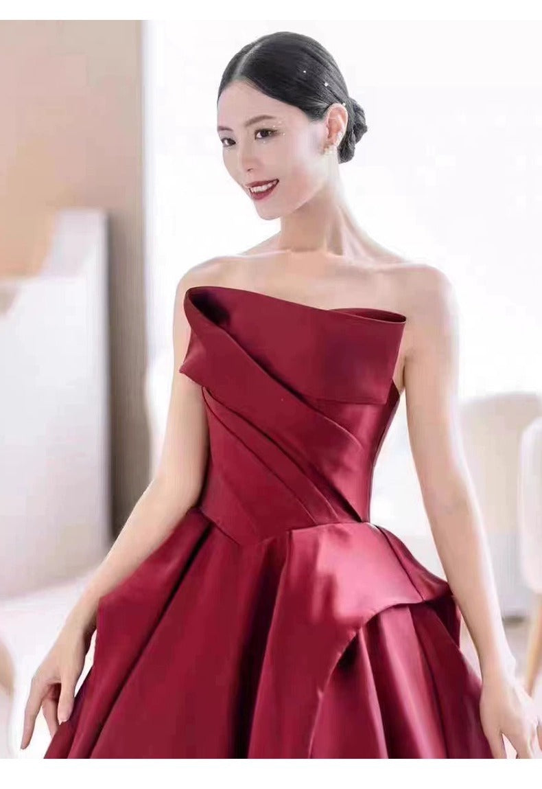 Wine Red Tube Top High-End Bridal Toast Clothing Satin High-End Sense Wedding Evening Dress Host Performance Costume Long