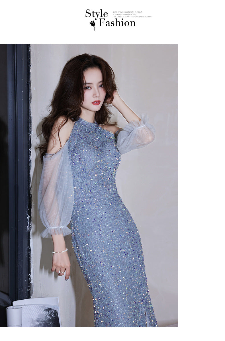 Annual Party Evening Dress Female 2024 New Blue Color Long Halter Host Ladies Banquet Elegant Sequins Dress