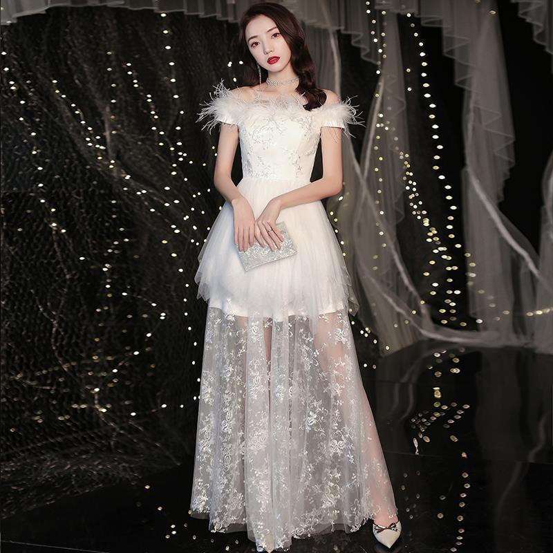 Prom dress White Lace Dresses Party off Shoulder Feather Sequin Short Foreign Minister Birthday Gown H89809