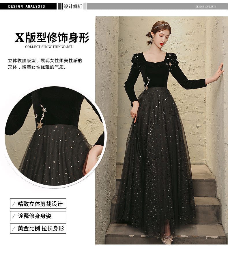 Banquet Evening Dress 2024 New Black Ladies Long Sleeves Graceful Formal Dress Host Performance Dinner Annual Meeting Gift