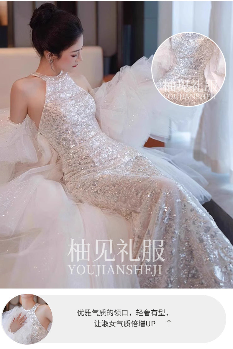 Halter Evening Dress Fishtail Backless Bride Engagement Formal Dress Toast Clothing Light Luxury Minority Design Sense Banquet Host