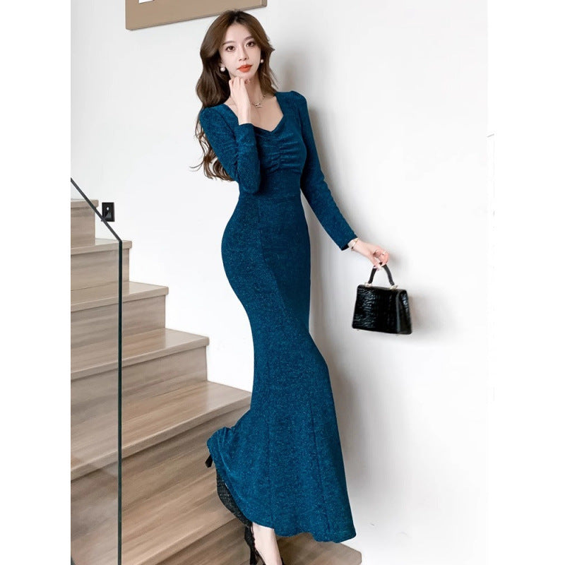 High-End Square Collar Long Sleeve Fishtail Dress Spring Fashion Graceful Formal Dress Sexy Slimming Beam Waist Hip Skirt