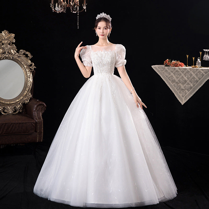 Wedding Dress L;Ace White Maxi Dresses Gala French Summer Short Sleeve White Bridal Court Floor-Length H223