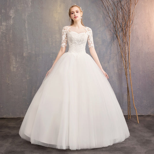 Wholesale Primary Wedding Dress 2024 New off-Shoulder Half Sleeve Floor-Length Simple Lightweight Wedding Dress French Retro Female Manufacturer