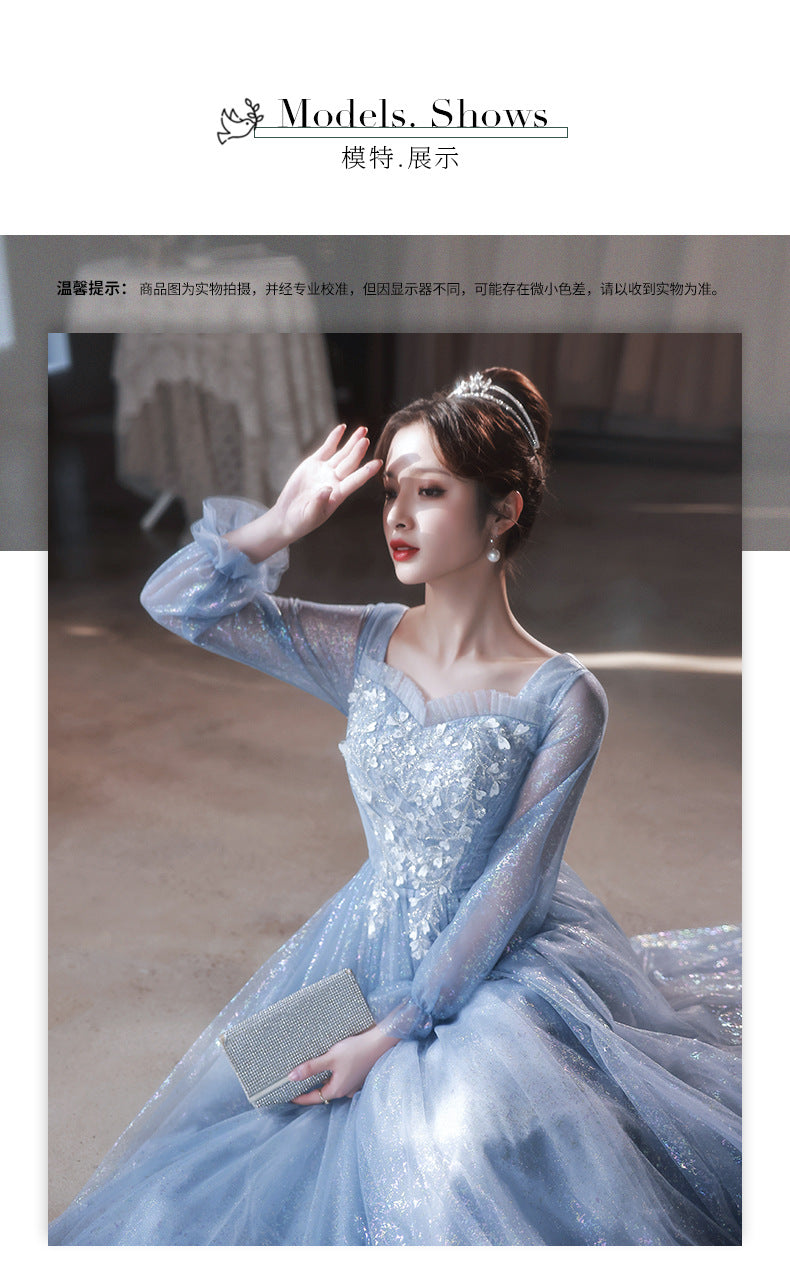 Blue Evening Dress for Women 2023 New High-Grade Banquet Temperament Long Sleeve Light Luxury Minority High-End Performance Art Exam Dress