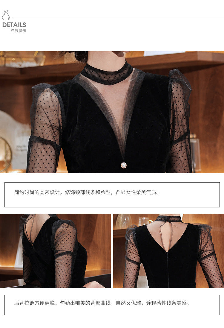 Black Velvet Evening Dress 2024 New Temperament Banquet Fishtail Vocal Dress Art Exam Long Sleeve Host Clothing