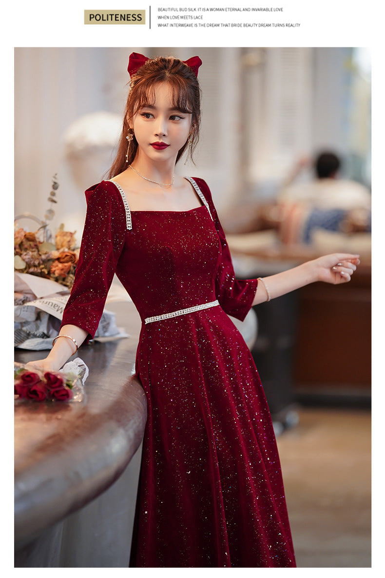 Toast Dress Bride 2024 New Autumn and Winter Fairy Wine Red Engagement Dress Wedding Back Door Toast Dress