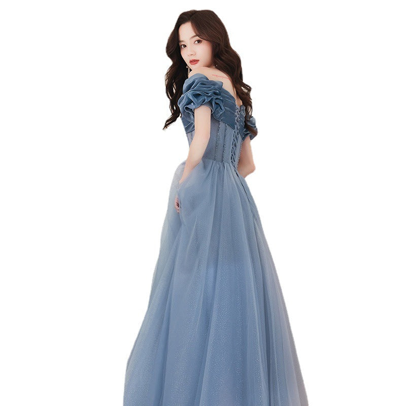 Blue Evening Dress Women's off-Shoulder 2024 New Autumn Banquet Temperament Performance Host Texture Art Exam Dress