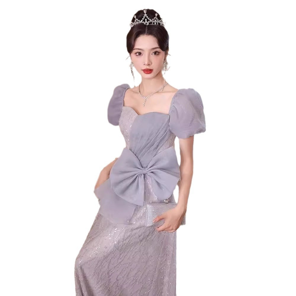 New Evening Dress Waist Slimming Fishtail Blue Host Annual Party Performance Costume Elegant Graceful Dress Autumn