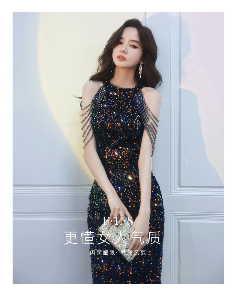 Black Evening Party Dress Sequined New Banquet Short-Length Halter Fishtail Socialite Gathering Temperament Host Jumpsuit Skirt