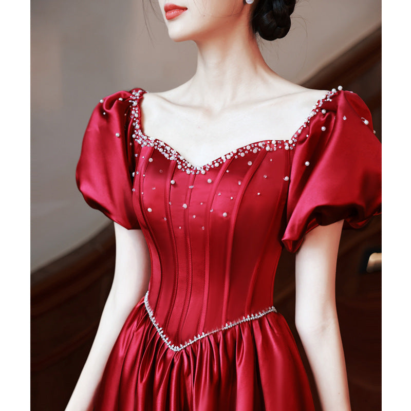 Evening Dress Prom Dresses Ball Gown Satin Dinner Dress Bride Wine Red  Princess Skirt H29898