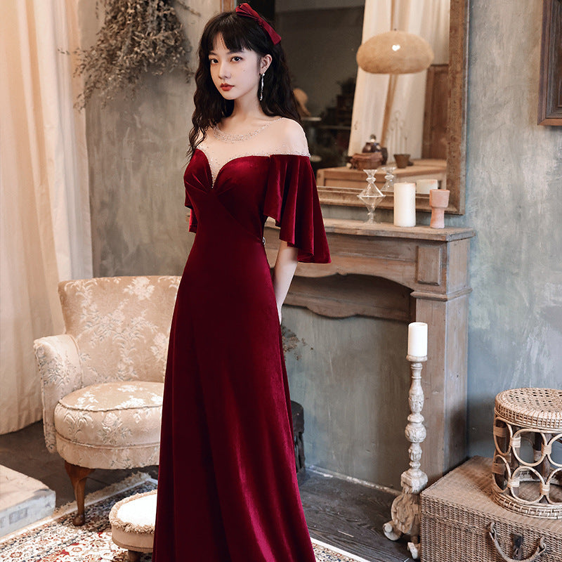 Toast Dress Bride 2024 New Autumn Wine Red V-neck Banquet Evening Dress Elegant Figure Flattering Wedding Toast Dress