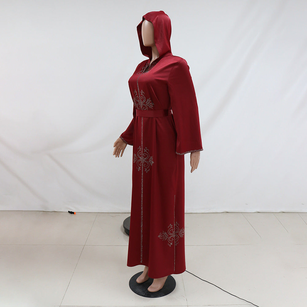 Xqy500157 Middle East Abaya Ethnic Style Dress Hooded Robe Fashion Diamond-Embedded Slits Lower Hem Dress