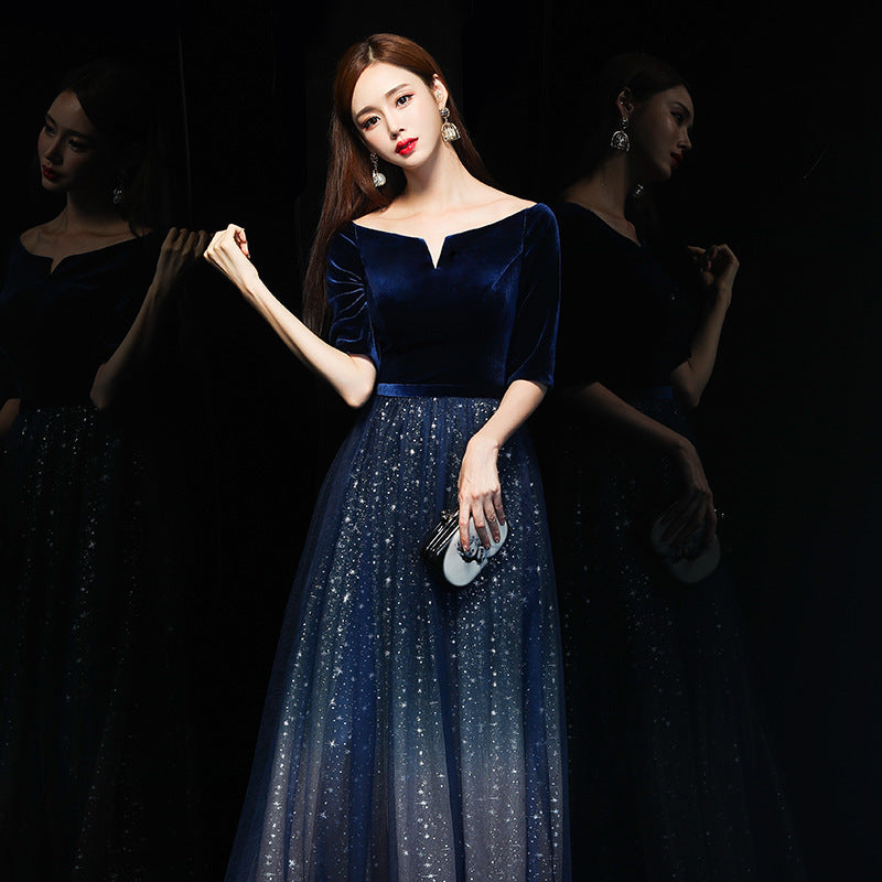 Host Evening Dress Women 2024 New Autumn off-Shoulder Banquet Queen Long Choir Costumes Women