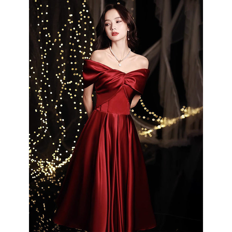 Wine Red Toast Dress Bride 2024 New Appreciation Dinner Engagement Wedding Back-to-Door off-Shoulder Evening Dress for Women Autumn