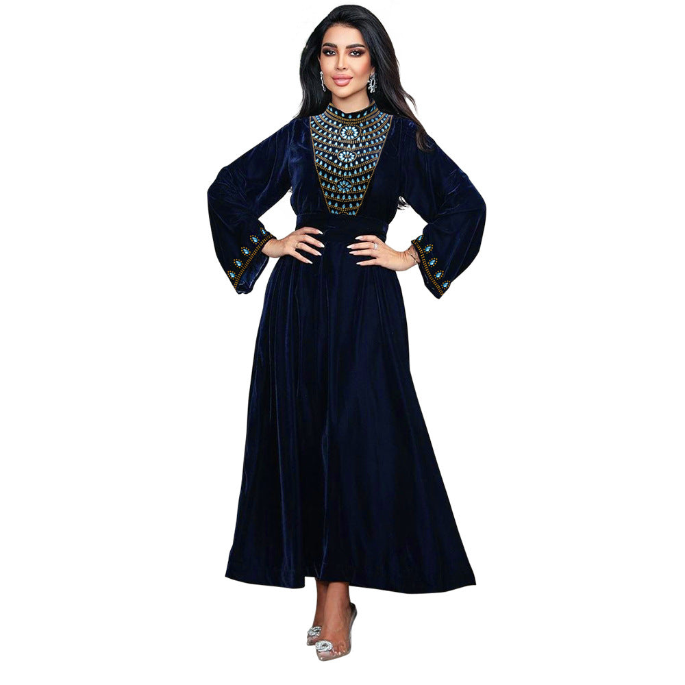 Xqy500219 Muslim Dubai Suede Dinner Dress Robe Blue Water Drop Rhinestone Jalabia Women's Clothing