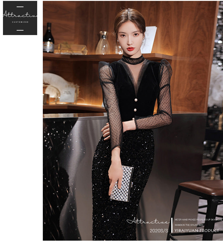 Black Velvet Evening Dress 2024 New Temperament Banquet Fishtail Vocal Dress Art Exam Long Sleeve Host Clothing