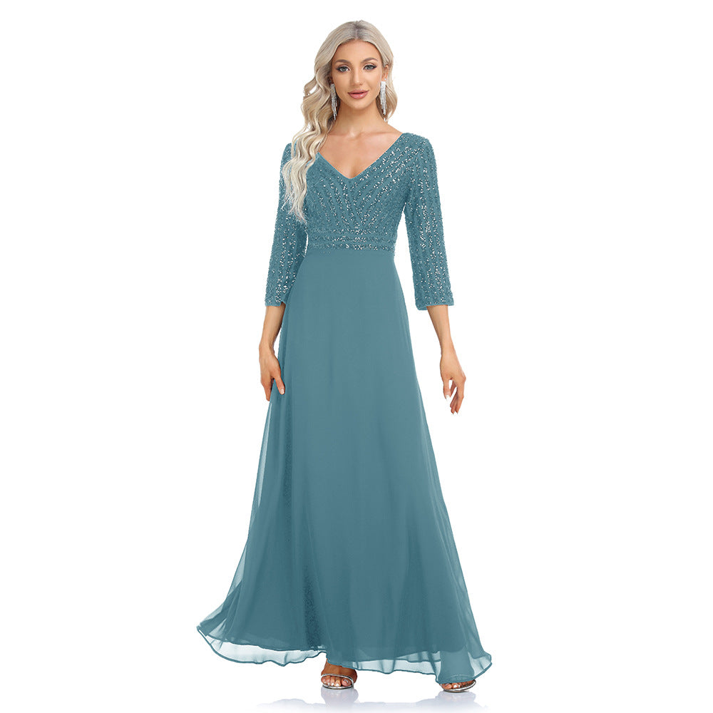 2023 Spring and Summer Women's Chiffon Bridesmaid Dress Double V-neck Dress 3/4 Sleeve A- line Large Hem Sequin Stitching Evening Dress