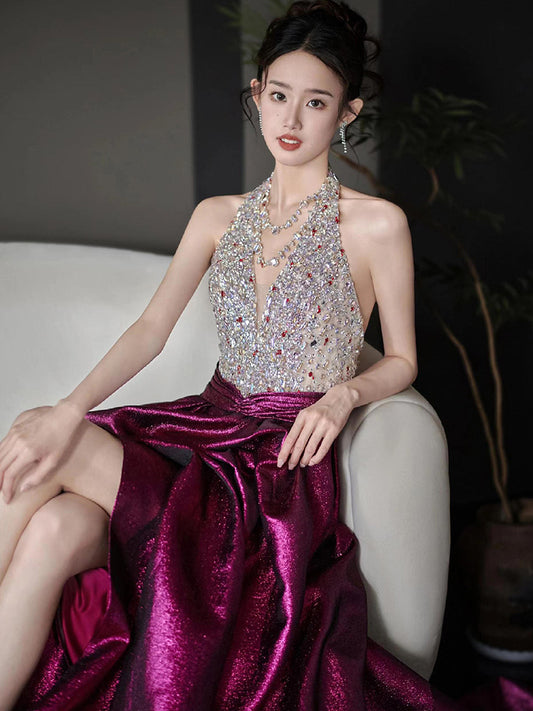 Halter Evening Dress 2024 New High Sense Heavy Industry Beads Banquet Temperament Host Bride Engagement Toast Clothing
