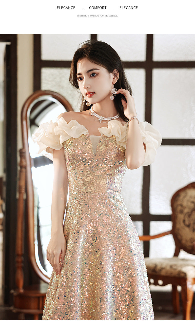 off-Shoulder Sequined Evening Dress for Women 2024 New Host Annual Meeting Bel Canto Solo Vocal Music Art Test Champagne Gold